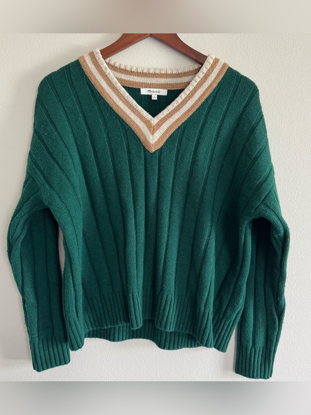 Madewell Dark Green Wool blend Knit V-Neck Sweater Striped Collegiate Preppy S